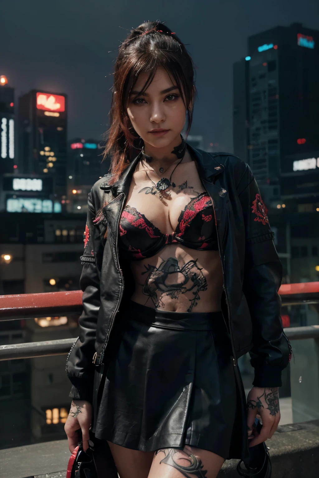 8k wallpapece Focus:1.2,Upper body photo:1.8,Angle:1.2)）、（(Looking at the camera)）,mid night、Cyberpunk neon city、(A hyper-realistic)、(illustratio)、(hight resolution)、Real Photographic:1.4,(ighly detailed)、(Best Illustration)、(beautifully detailed eyes)、(top-quality)、(ultra-detailliert)、(​masterpiece)、(A detailed face）、（独奏）、1 girl in、18year old、Looking at Viewer、Perfect Anatomy、brue eyes、eyeshadows、（(Cyberpunk necklace)）,A detailed eye、Detailed lashes、Red Lip、Futuristic accessories,（(lots of tattoos:1.4)）,fine detailed、（extreme light and shadows）、lowkey、pureerosfaceace_v1、A smile:1.1、break ,（(Dark pink and red mesh ponytail）、（bangss:1.4）、Colossal tits:1.2,cleavage of the breast:1.2,（(fully dressed, Embroidered black leather jacket)）,（(Black skin high-leg skirt)）、（(Embroidered red and black bra)）、Red Theme
