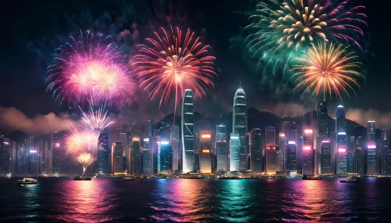 a scene of Victoria Harbour in Hong Kong at night,sparkling reflections dancing on the water,glittering skyscrapers along both sides of the harbor,magnificent firework display,twinkling lights dotting the city skyline,colorful laser beams shooting across the sky,(best quality,4k,8k,highres,masterpiece:1.2),ultra-detailed,realistic:1.37) soft shadows and highlights,impressive depth of field and sharp focus,HDR,UHD,studio lighting,physically-based rendering,vivid colors,lively atmosphere,bokeh