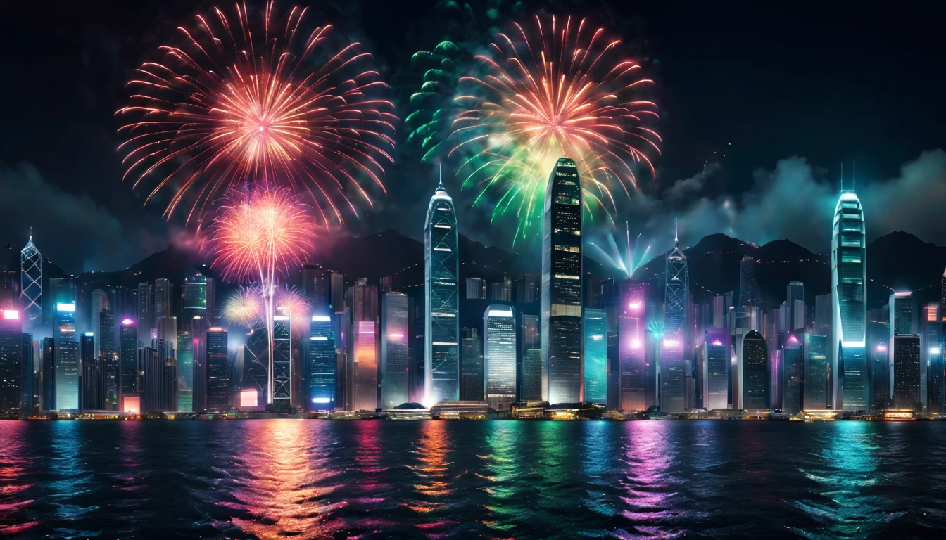 a scene of Victoria Harbour in Hong Kong at night,sparkling reflections dancing on the water,glittering skyscrapers along both sides of the harbor,magnificent firework display,twinkling lights dotting the city skyline,colorful laser beams shooting across the sky,(best quality,4k,8k,highres,masterpiece:1.2),ultra-detailed,realistic:1.37) soft shadows and highlights,impressive depth of field and sharp focus,HDR,UHD,studio lighting,physically-based rendering,vivid colors,lively atmosphere,bokeh