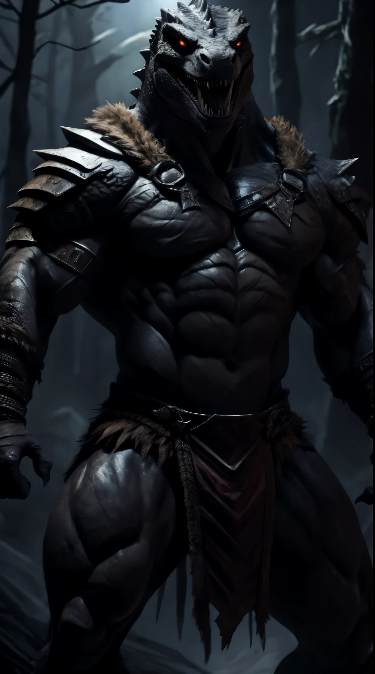 lizard man, ready to fight, barbarian armor, loincloth, black body, open mouth, dark forest background, threatening, stands menacingly, full body, raptor like legs, proporcional muscular arms, big reptile tail muscular, illustration, (best quality, 4k, highres, masterpiece:1.2), ultra-detailed, realistic, horror, sharp focus, vivid colors, nighttime lighting