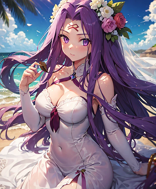 1girl, Best quality,Masterpiece,high resolution,Only,{short wedding dress:1.40}{tie:1.20},handsome,{Medusa_FGO:1.15},long_hair,purple_hair,very_long_hair,purple_eyes,blush_face,breasts,Big_breasts