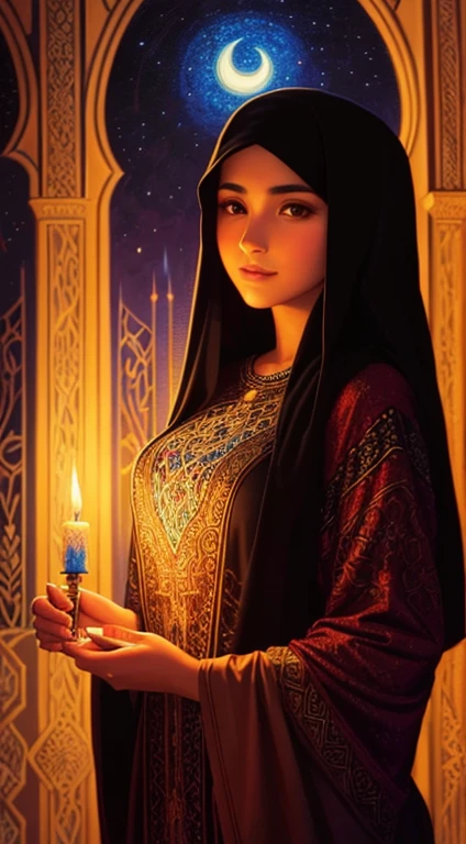 ultrarealistic intricate painting of very beautiful arab woman holding a candle inside a old building, night, style of audrey kawasaki, style of jeremiah ketner
