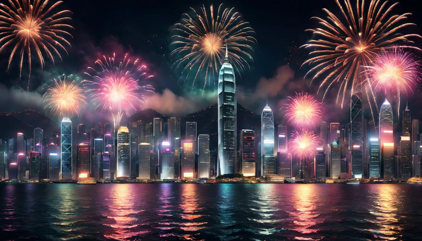 a scene of Victoria Harbour in Hong Kong at night,sparkling reflections dancing on the water,glittering skyscrapers along both sides of the harbor,magnificent firework display,twinkling lights dotting the city skyline,(best quality,4k,8k,highres,masterpiece:1.2),ultra-detailed,realistic:1.37) soft shadows and highlights,impressive depth of field and sharp focus,HDR,UHD,studio lighting,physically-based rendering,vivid colors,lively atmosphere,bokeh