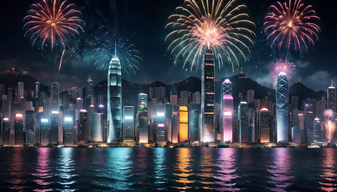 a scene of Victoria Harbour in Hong Kong at night,sparkling reflections dancing on the water,glittering skyscrapers along both sides of the harbor,magnificent firework display,twinkling lights dotting the city skyline,(best quality,4k,8k,highres,masterpiece:1.2),ultra-detailed,realistic:1.37) soft shadows and highlights,impressive depth of field and sharp focus,HDR,UHD,studio lighting,physically-based rendering,vivid colors,lively atmosphere,bokeh