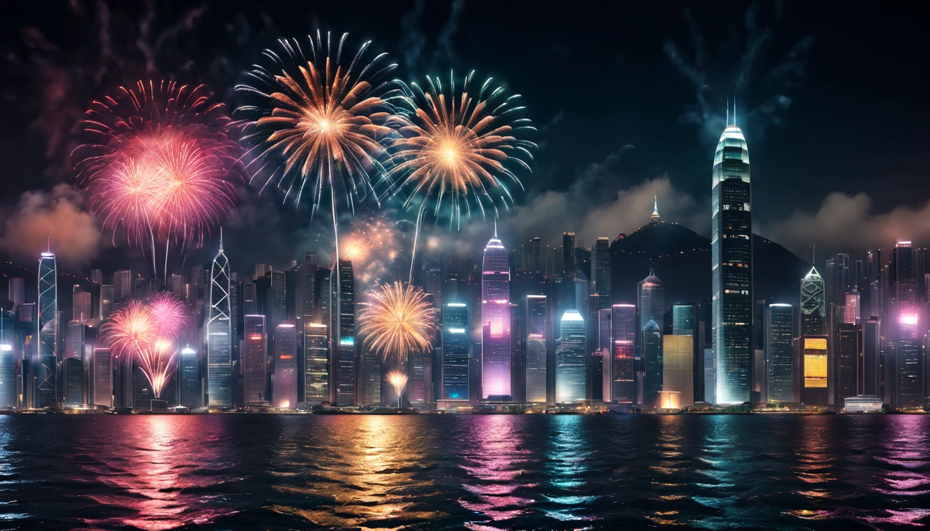 a scene of Victoria Harbour in Hong Kong at night,sparkling reflections dancing on the water,glittering skyscrapers along both sides of the harbor,magnificent firework display,twinkling lights dotting the city skyline,(best quality,4k,8k,highres,masterpiece:1.2),ultra-detailed,realistic:1.37) soft shadows and highlights,impressive depth of field and sharp focus,HDR,UHD,studio lighting,physically-based rendering,vivid colors,lively atmosphere,bokeh