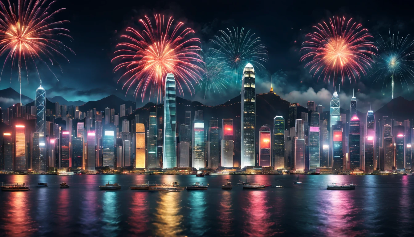a scene of Victoria Harbour in Hong Kong at night,sparkling reflections dancing on the water,glittering skyscrapers along both sides of the harbor,magnificent firework display,twinkling lights dotting the city skyline,(best quality,4k,8k,highres,masterpiece:1.2),ultra-detailed,realistic:1.37) soft shadows and highlights,impressive depth of field and sharp focus,HDR,UHD,studio lighting,physically-based rendering,vivid colors,lively atmosphere,bokeh