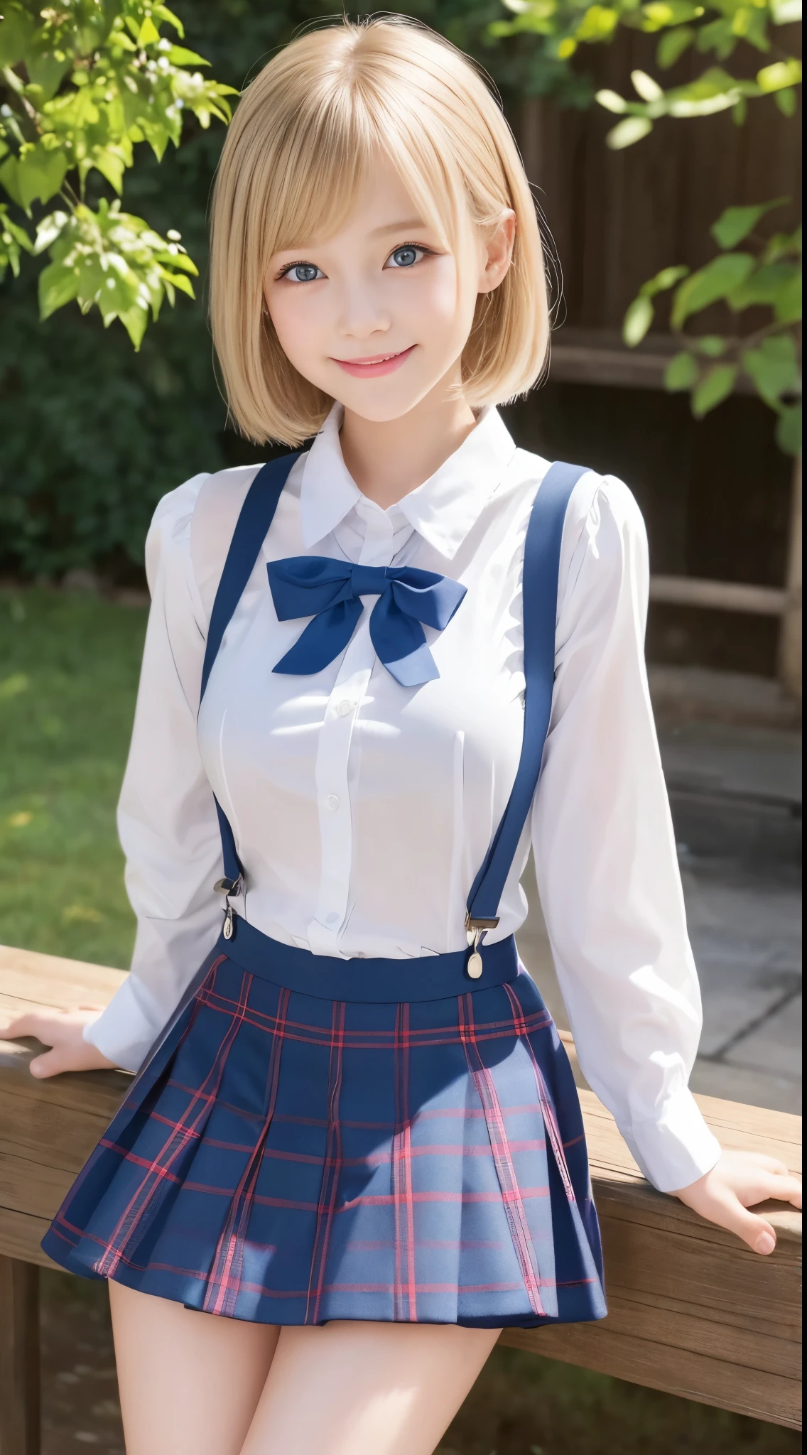  girl.................,, in front of the school、Connect to skirt with suspenders、White shirt with long sleeves、Plaid skirt、Lori, , sakimichan,, nice and cute, Innocent smile,  , Lovely smile, sakimichan HDRI、loli big boobs、(Beauty Big 1:1)、a blond、a blondの髪、Blue eyes、little girl hort bob、Pose cutely