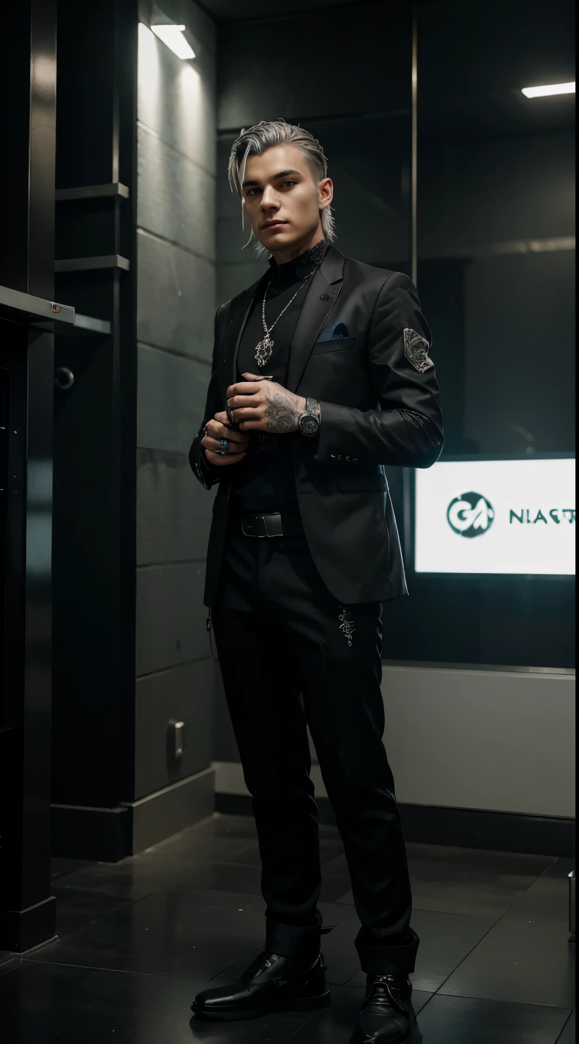A young man wearing special black suit, he has silver hair, a dragon tatoo in his hand, wearing a cyberpunk watch. Full body