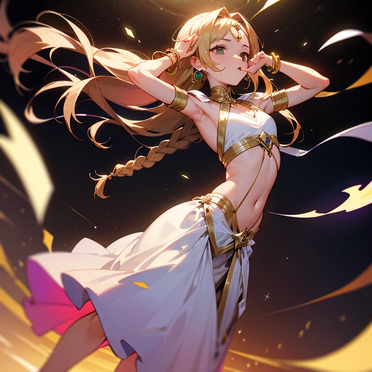 Uma feiticeira de cabelo e olhos marrons, meio-elfa, Longas, flowing hair, which has two braids on the sides to adorn the hair. Ela usa um vestido longo de cigana, who leaves his belly exposed and wears gold bracelets on his arms and gold bracelets on his wrists. She's dancing with one hand above her head and one hand holding the skirt of her dress. From his hands come star-shaped spells. --auto