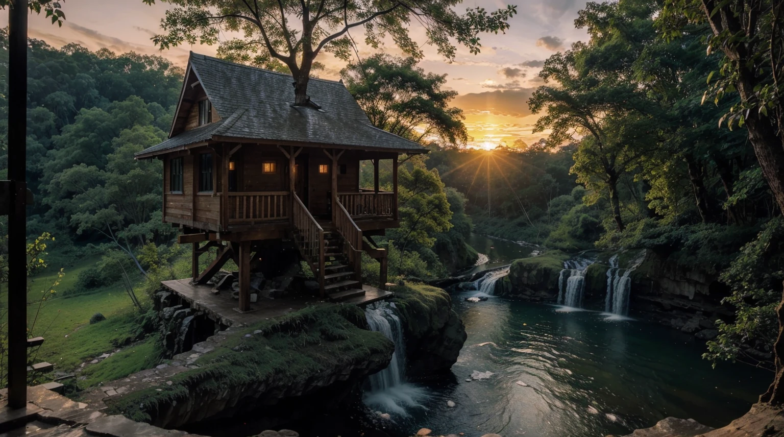 a real photograph of a beautiful sunrise at the edge of a waterfall, Tree House