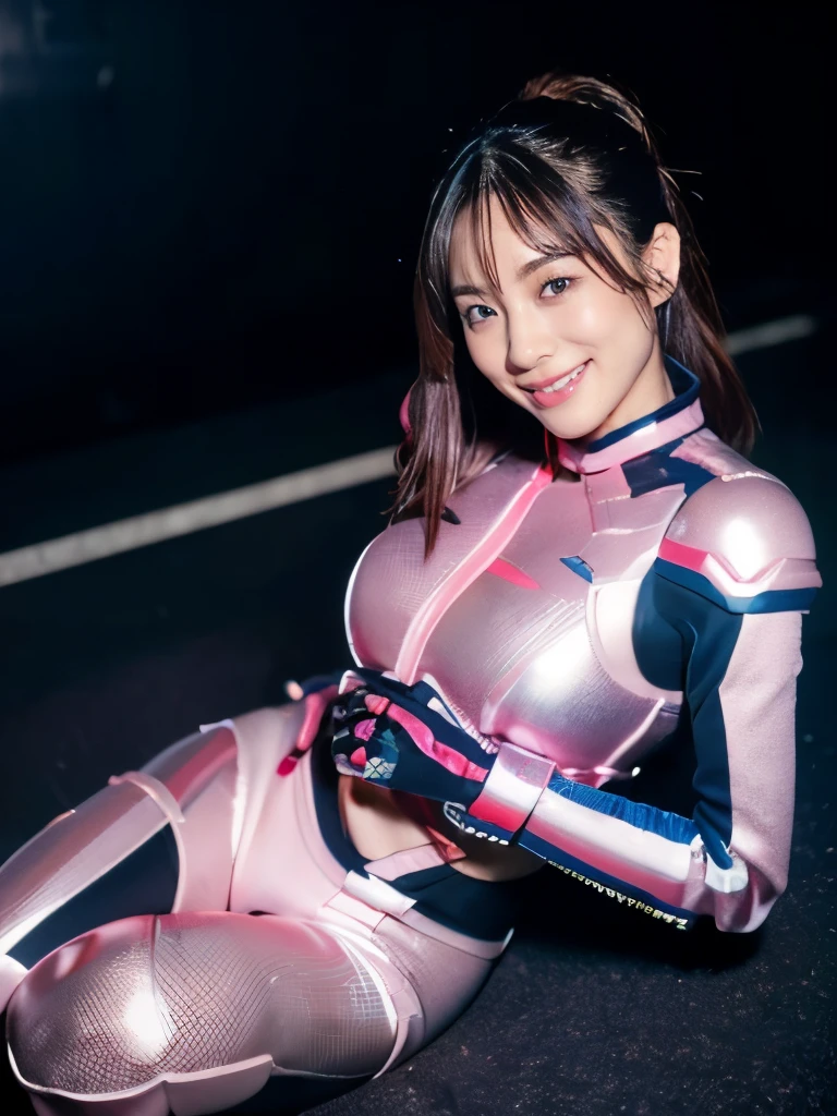 (ultra best quality、8K、masuter piece、delicate illustration、full body Esbian、A beautiful and bewitching Japanese 25-year-old woman、)、(Futuristic close-fitting magenta and white metallic hero suit:1.2) 、（Very plump body 1.1、Super Big 1.2）、smiling at the viewer、A dark-haired