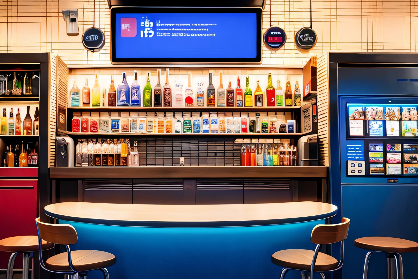 Background Story, front view of the counter of a futuristic american bar, com amostra de bebidas na parede, a giant television screen on the right