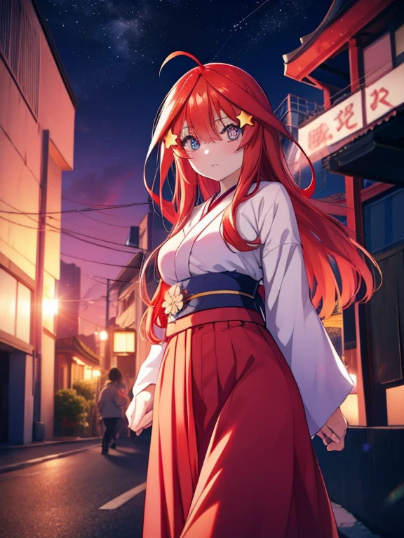 Satsuki Nakano, Itsuki Nakano, Bangs, Blue eyes, hair between eye, Ahoge, Red hair, Star \(symbol\), Hair Ornament, Star Hair Ornament,Her hair is tied back with a flower hairpin.,Red kimono,Furisode,long skirt,Sandals,In the street,The sun begins to rise between the buildings,late at night,Sunrise,Walking around eating meat buns ,Best Quality, High resolution, Unity 8k壁纸, (Illustration:0.8), (Beautiful detailed eyes:1.6), extra detailed face, Perfect Lighting, extremely details CG, (Perfect hands, Perfect Anatomy),