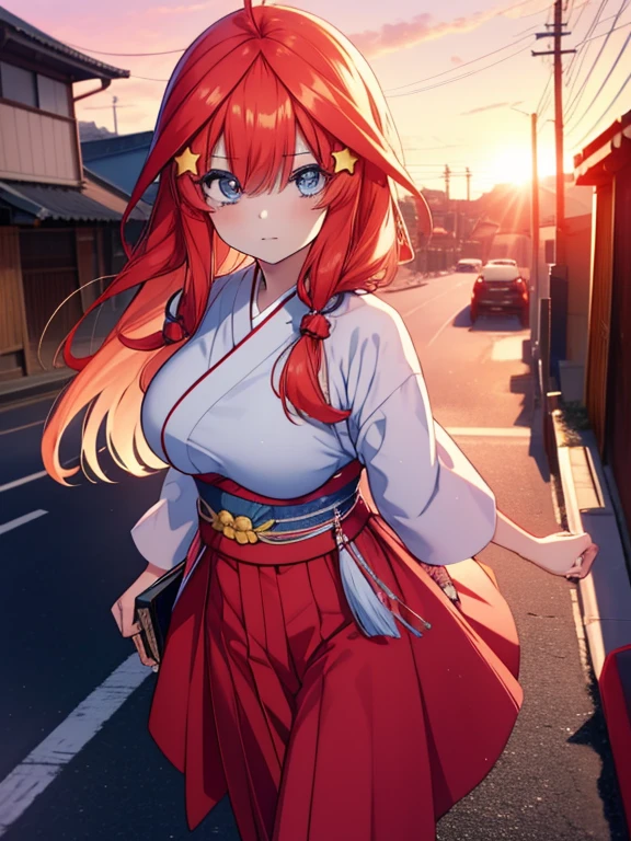 Satsuki Nakano, Itsuki Nakano, Bangs, Blue eyes, hair between eye, Ahoge, Red hair, Star \(symbol\), Hair Ornament, Star Hair Ornament,Her hair is tied back with a flower hairpin.,Red kimono,Furisode,long skirt,Sandals,In the street,The sun begins to rise between the buildings,late at night,Sunrise,Walking around eating meat buns ,Best Quality, High resolution, Unity 8k壁纸, (Illustration:0.8), (Beautiful detailed eyes:1.6), extra detailed face, Perfect Lighting, extremely details CG, (Perfect hands, Perfect Anatomy),