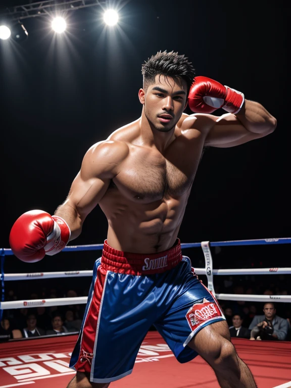 8K,(8K分辨率),Boxing ring match scene,Two muscular black men, Each wearing a red and blue boxing uniform,Wearing boxing gloves,Domineering,cool guy,sexy for, Bright and attractive eyes,malancholic look,Dark skin, Smooth and shiny,chest muscle,chest hair body hair,Big breastarechested,茂密的chest hair body hair, White color full body photo,Large bumps visible,Good quality,profesional lighting,professional photoshooting,real photograph,realistic model,photorealistic art