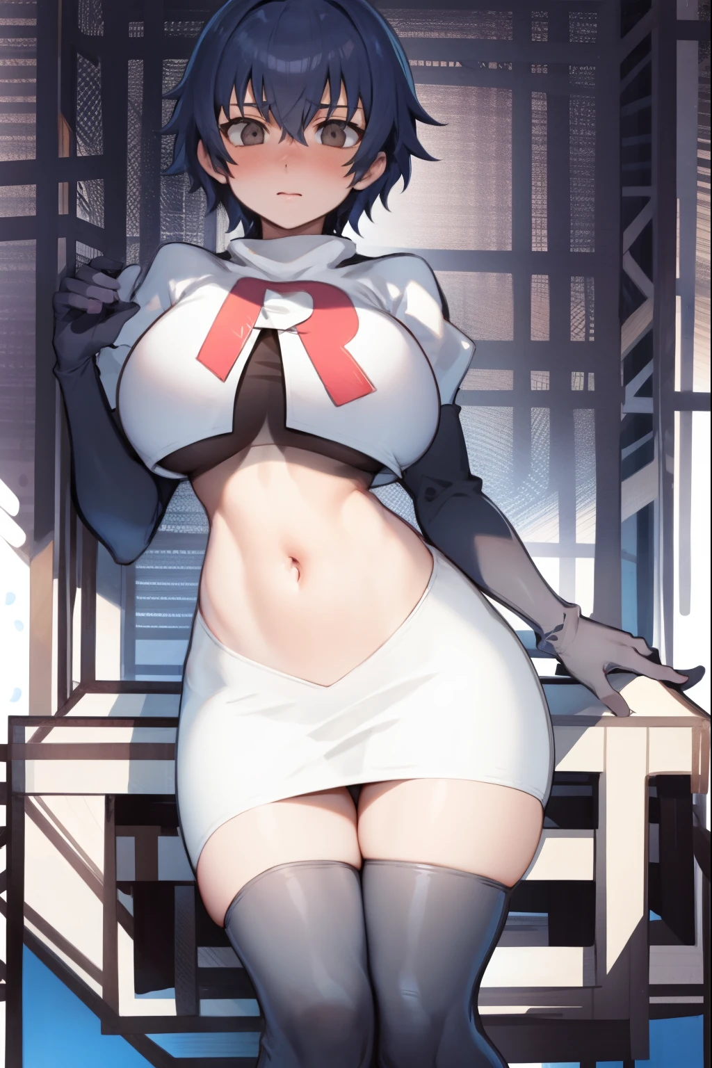 shiroganenaoto,1girl,solo,large breasts,heavy blush,(grey eyes:1.2), team rocket,team rocket uniform, red letter R, white skirt,white crop top,black thigh-highs,black elbow gloves