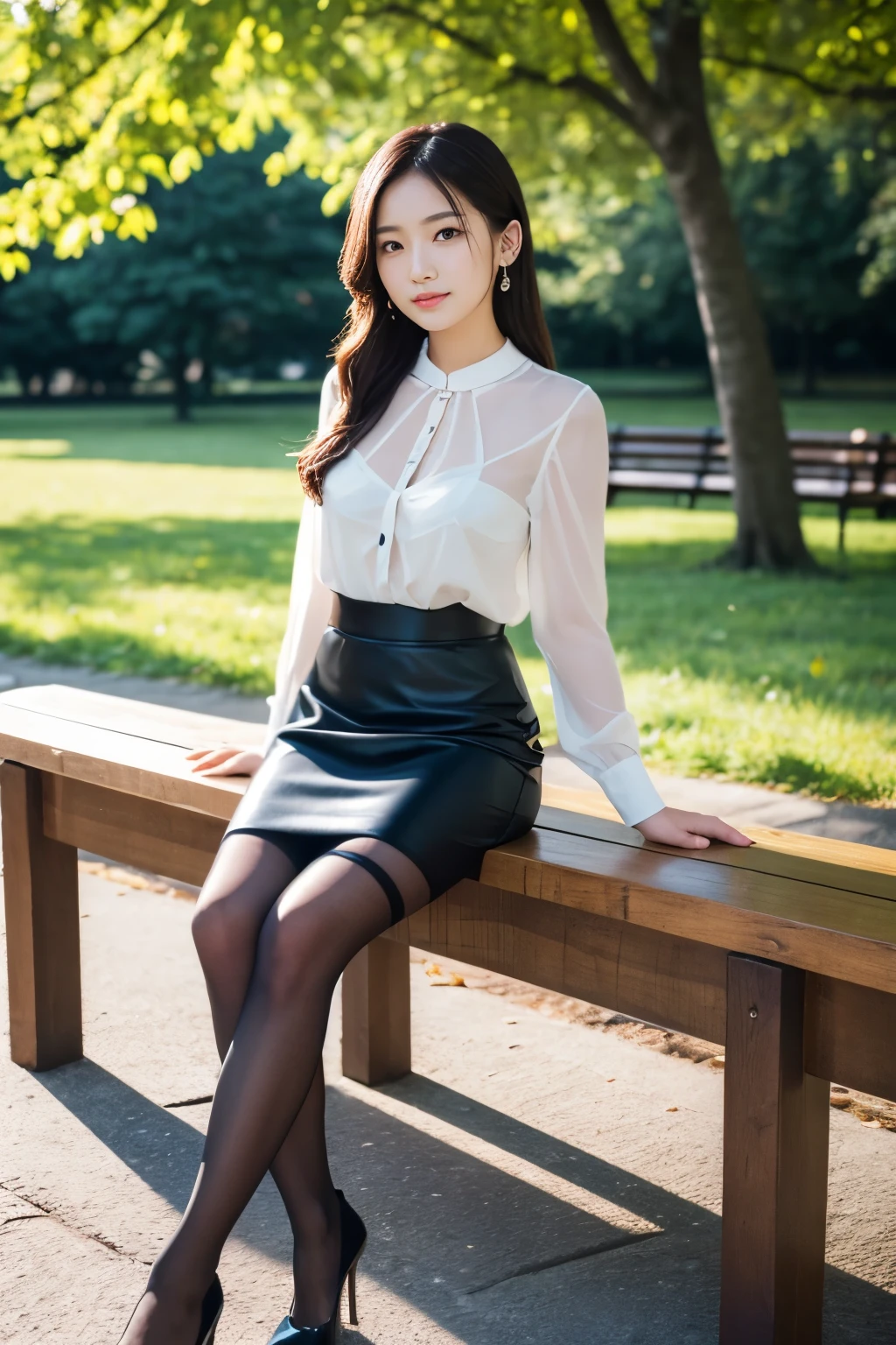 Best Quality、Top image quality、Ultra HD Images、((1人の女性、View photographer))、((Well-formed face、Actress face、Model face))、Shot from a distance、standinodell body type、Officelady、Slender beauty、((sheer white ribbon blouse、Black bra))、((Blue tight skirt、Black pantyhose、high-heels))、((Perfect limbs))、((sit on a wooden bench in the park))