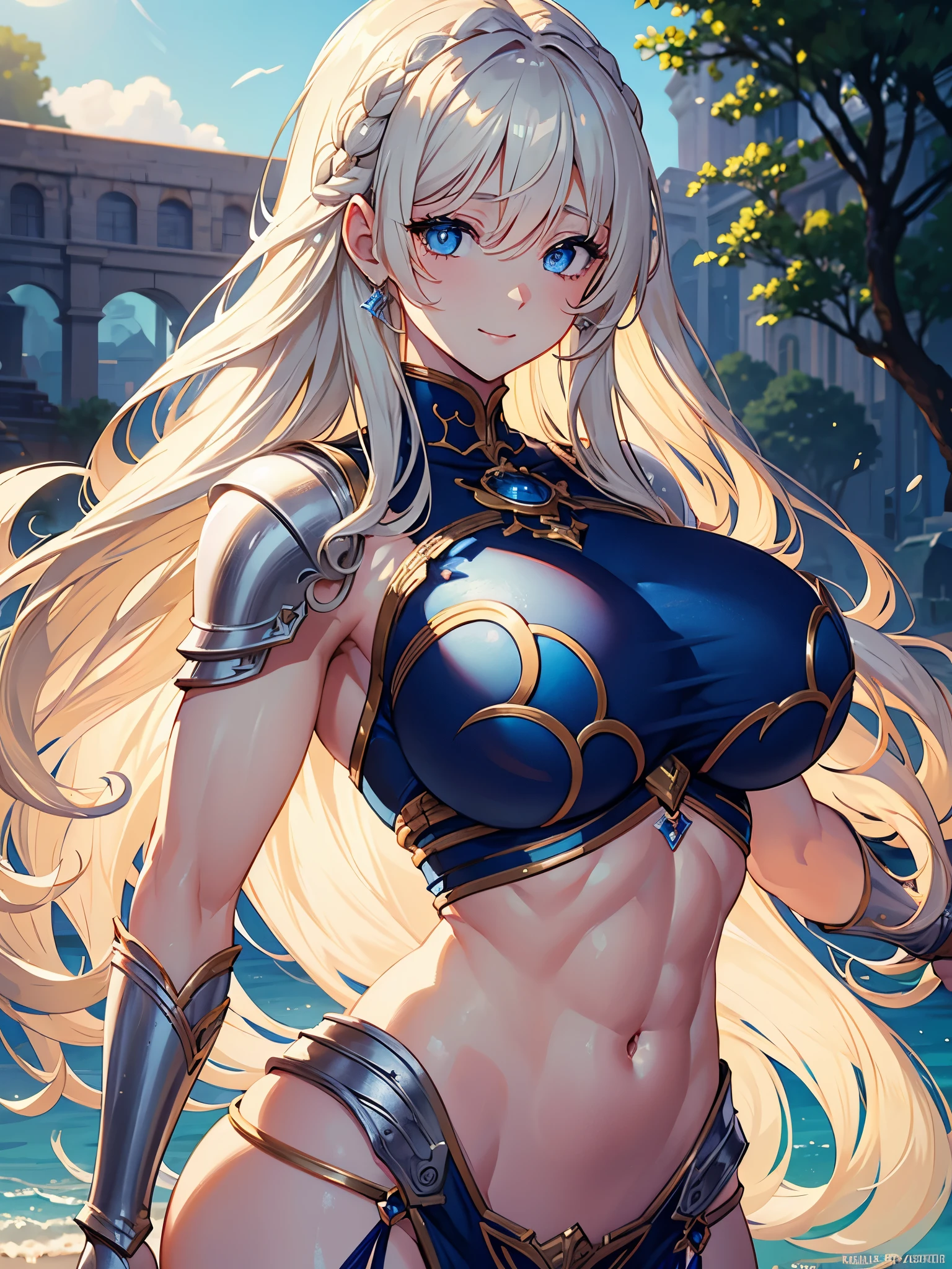 nsfw, masterpiece, best quality, ultra detailed, illustration, 1 woman, blonde hair, long hair, curly hair, huge breast, blue eyes, beautiful detailed eyes, delicate beautiful face, abs, silver armor, outdoors, arms behind head, smile