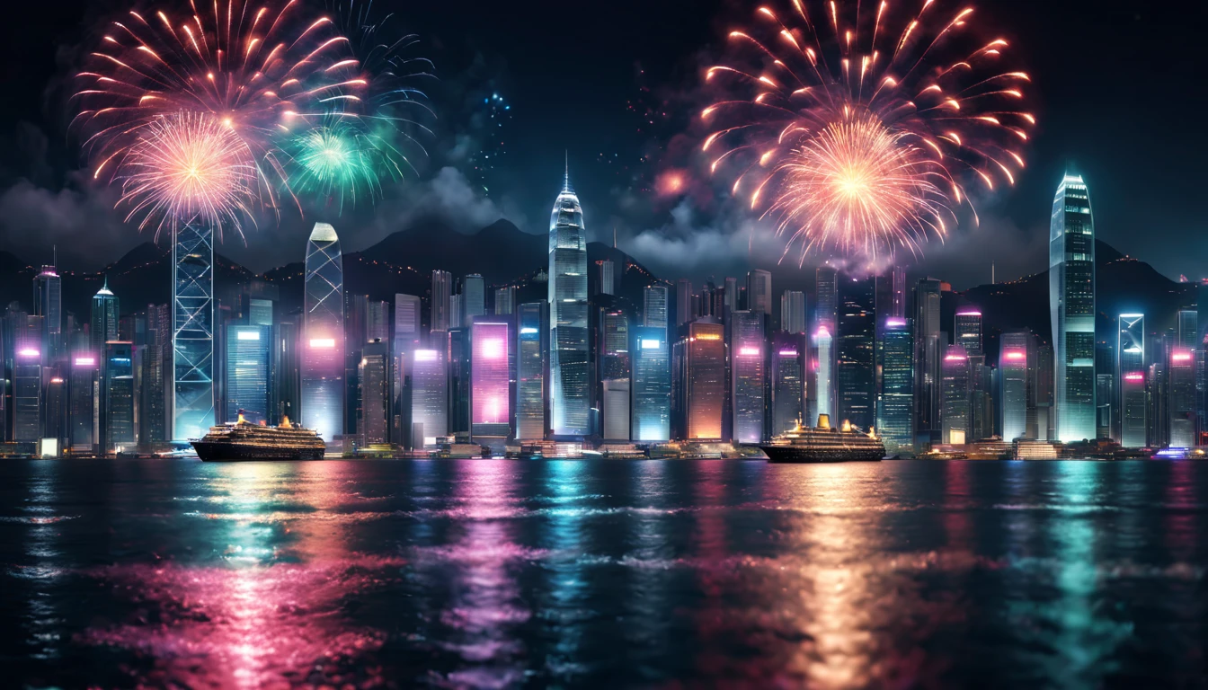 a scene of Victoria Harbour in Hong Kong at night,sparkling reflections dancing on the water,glittering skyscrapers along both sides of the harbor,magnificent firework display,twinkling lights dotting the city skyline,cruise ship,(best quality,4k,8k,highres,masterpiece:1.2),ultra-detailed,realistic:1.37) soft shadows and highlights,impressive depth of field and sharp focus,HDR,UHD,studio lighting,physically-based rendering,vivid colors,lively atmosphere,bokeh
