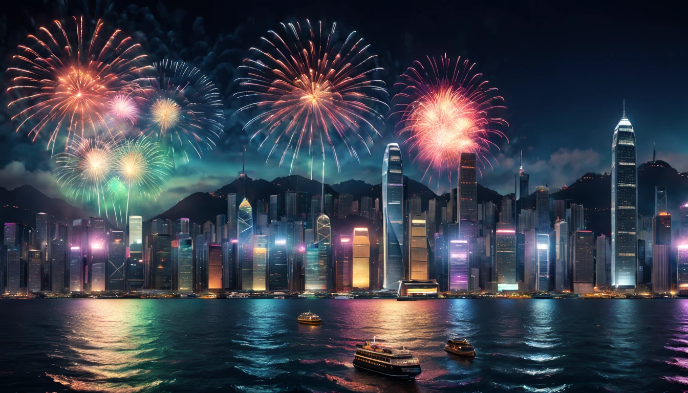 a scene of Victoria Harbour in Hong Kong at night,sparkling reflections dancing on the water,glittering skyscrapers along both sides of the harbor,magnificent firework display,twinkling lights dotting the city skyline,cruise ship,(best quality,4k,8k,highres,masterpiece:1.2),ultra-detailed,realistic:1.37) soft shadows and highlights,impressive depth of field and sharp focus,HDR,UHD,studio lighting,physically-based rendering,vivid colors,lively atmosphere,bokeh