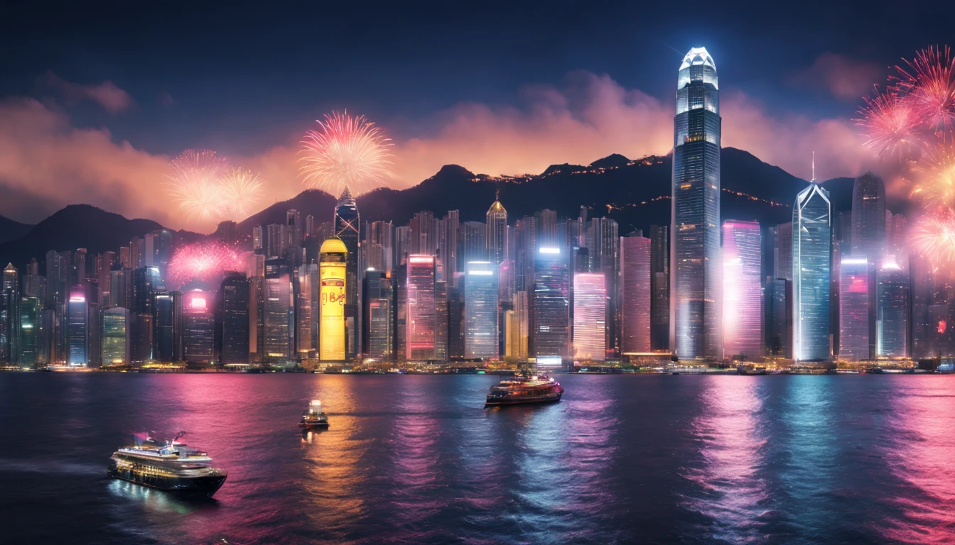 a scene of Victoria Harbour in Hong Kong at night,sparkling reflections dancing on the water,glittering skyscrapers along both sides of the harbor,magnificent firework display,twinkling lights dotting the city skyline,cruise ship,(best quality,4k,8k,highres,masterpiece:1.2),ultra-detailed,realistic:1.37) soft shadows and highlights,impressive depth of field and sharp focus,HDR,UHD,studio lighting,physically-based rendering,vivid colors,lively atmosphere,bokeh