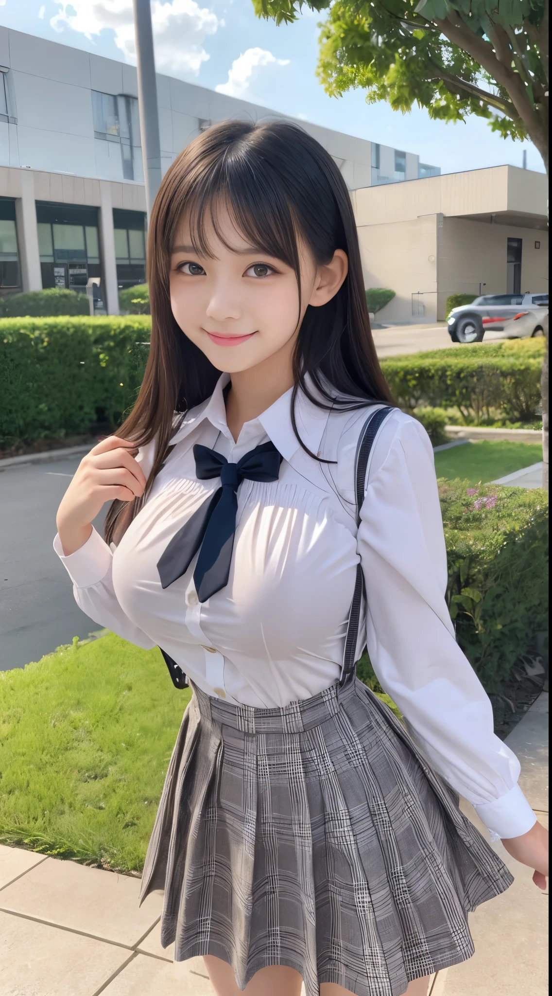 little young girl.................,, in front of the school、Connect to skirt with suspenders、White shirt with long sleeves、Plaid skirt、Lori, , sakimichan,, nice and cute, Innocent smile, , Lovely smile, sakimichan HDRI、 big boobs、,(Huge breasts:1.20),(Beauty Big 1:1)、A dark-haired、Beautiful eyes、litth short bob、Pose cutely