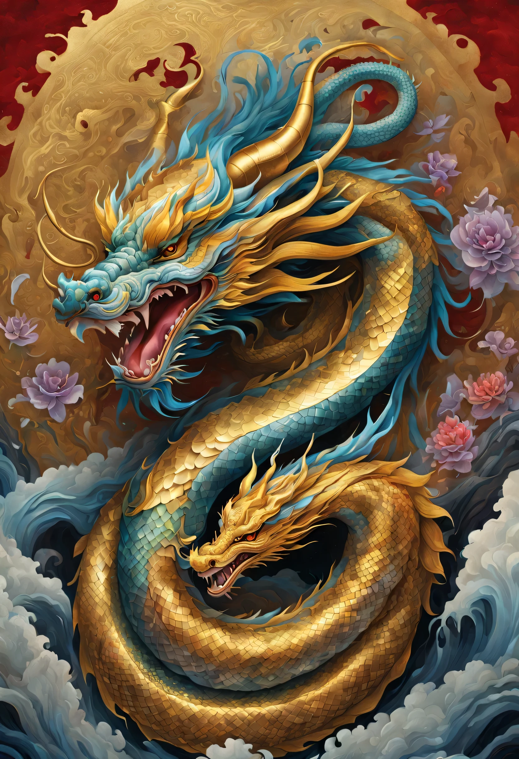 Chinese Dragon Diagram, heavy rain poured, Stunningly gorgeous gouache illustrations, The intricate details of reality, Detailed and delicate depictions and gorgeous and dynamic painting techniques, Dignified, Brave, and sacred iridescent chinese dragon, The body is as long as a snake, Background kaleidoscope with sparkling gold, plata, and gemstones, Countless terrifying powers, Unparalleled sharpness and clarity