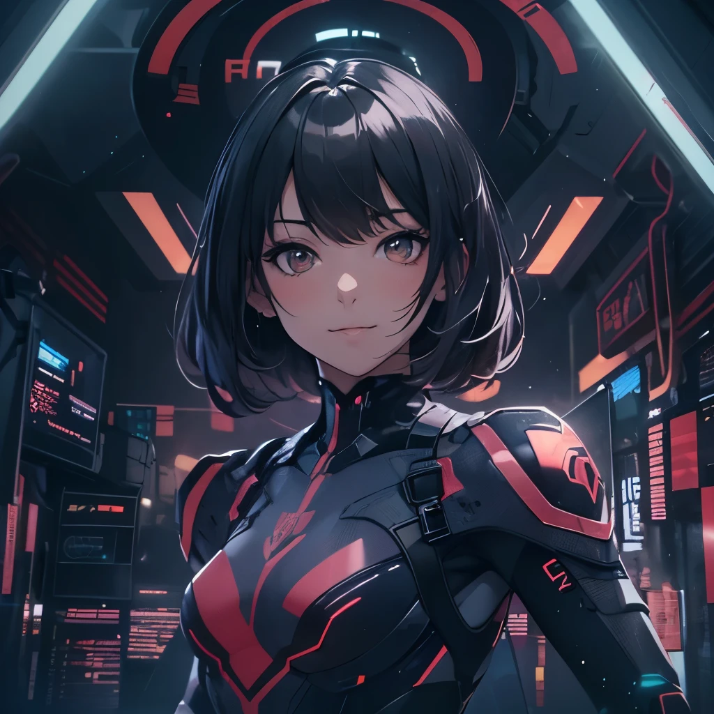 (masterpiece), 8k cg, stunningly beautiful girl, intricate details, chromatic aberration, ((bust shot)), ((looking at viewer)), 1girl, (Black hair, brown eyes, tight suit, cybernetic suit, Korean), 16 year old, woman, smile, blush, makeup, absurdres, cinematic lighting, dynamic lighting, fantasy, ((dark background, fog))
