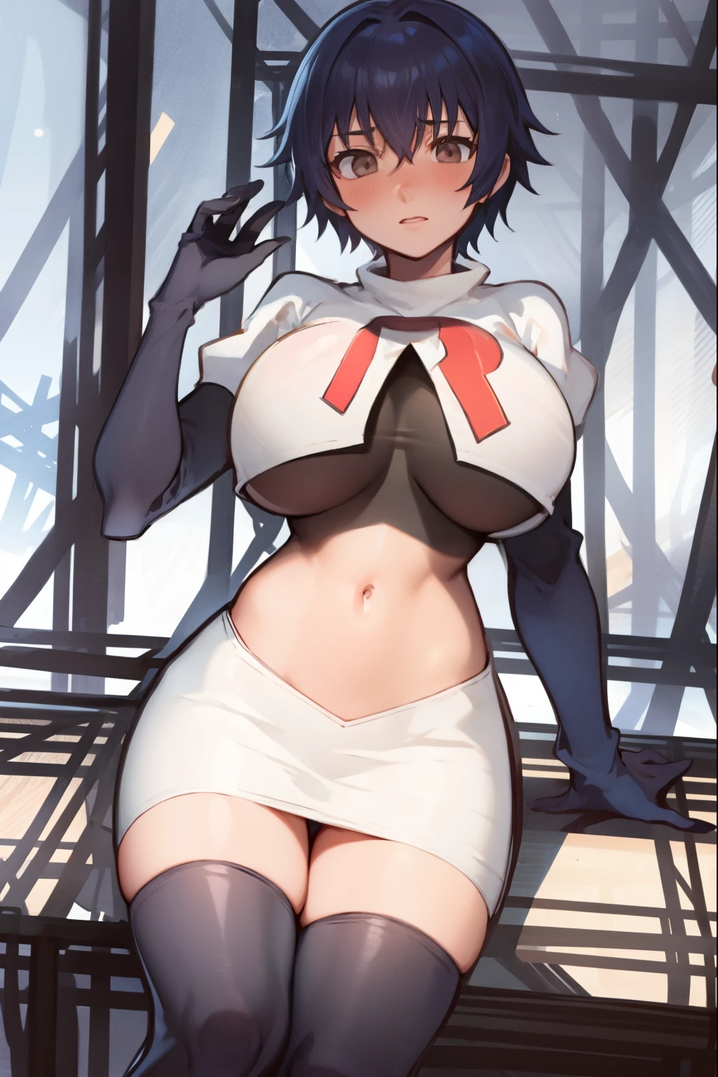 shiroganenaoto,1girl,solo,large breasts,heavy blush,(grey eyes:1.2), team rocket,team rocket uniform, red letter R, white skirt,white crop top,black thigh-highs,black elbow gloves