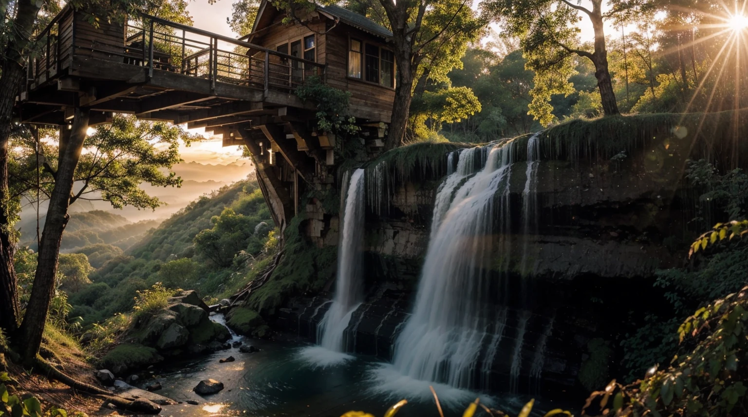 a real photograph of a beautiful sunrise at the edge of a waterfall, Tree House