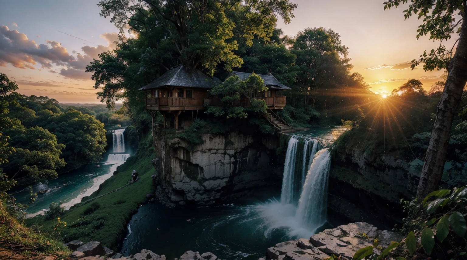 a real photograph of a beautiful sunrise at the edge of a waterfall, Tree House