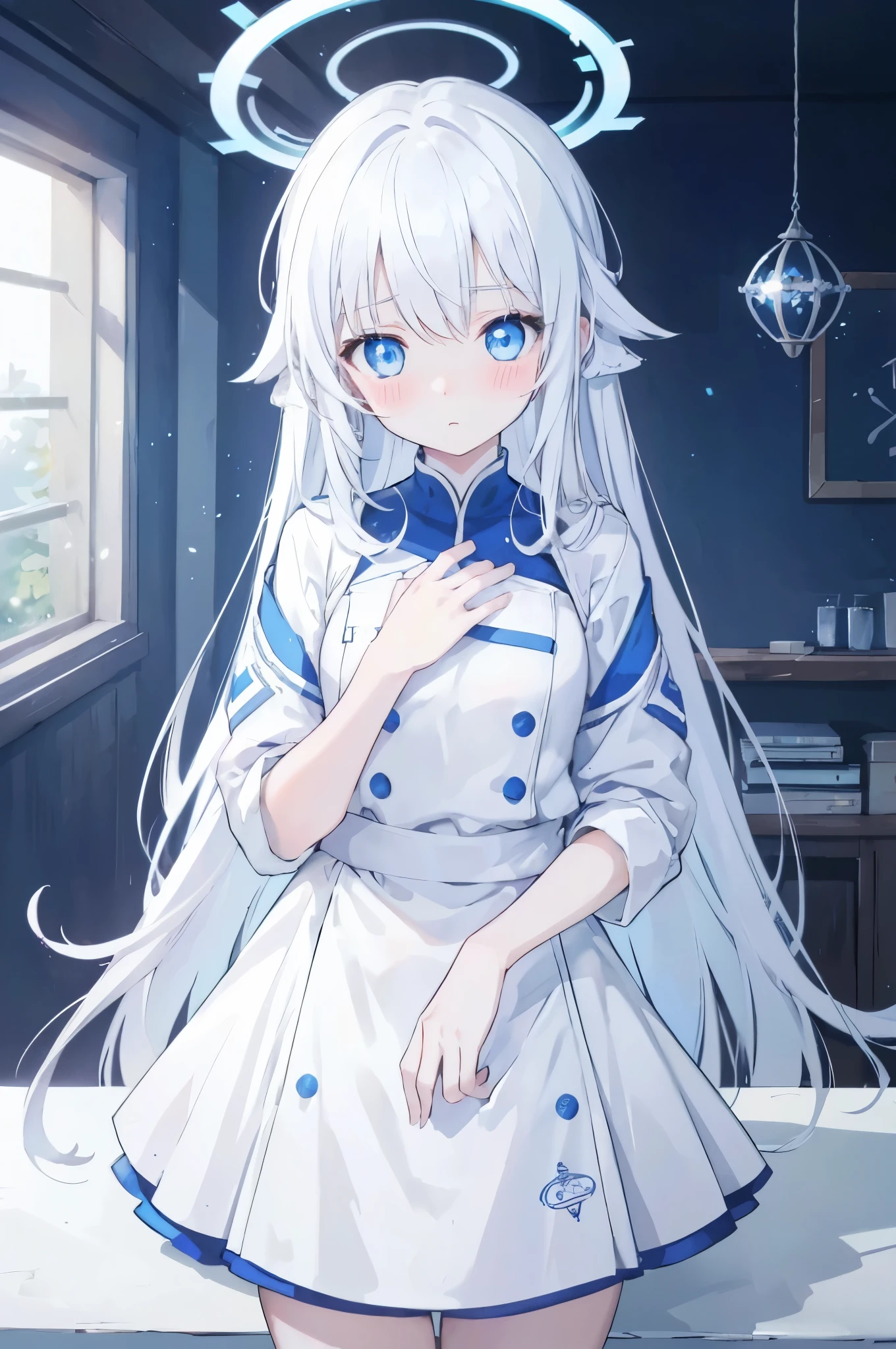 White skin of the，A blushing expression，sideways standing，white long straight hair，Hair has turned white，White hair，blue colored eyes，Highlights，The eyes glow blue light，Women's hands，novice