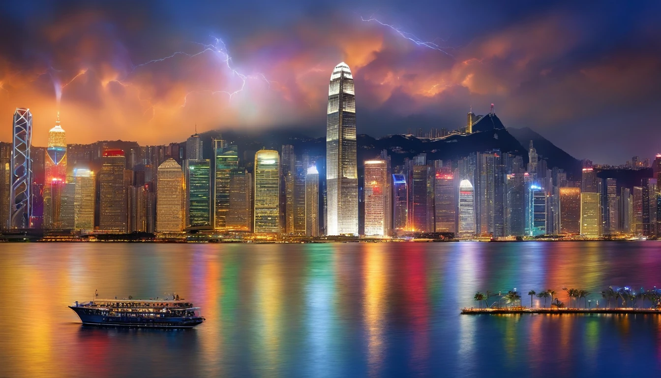 Oil Painting: a scene of Victoria Harbour in Hong Kong at night,sparkling reflections dancing on the water,glittering skyscrapers along both sides of the harbor,magnificent firework display,twinkling lights dotting the city skyline,cruise ship,(best quality,4k,8k,highres,masterpiece:1.2),ultra-detailed,realistic:1.37) , hyper realistic oil painting. masterpiece art work.soft shadows and highlights,impressive depth of field and sharp focus,HDR,UHD,studio lighting,physically-based rendering,vivid colors,lively atmosphere,bokeh