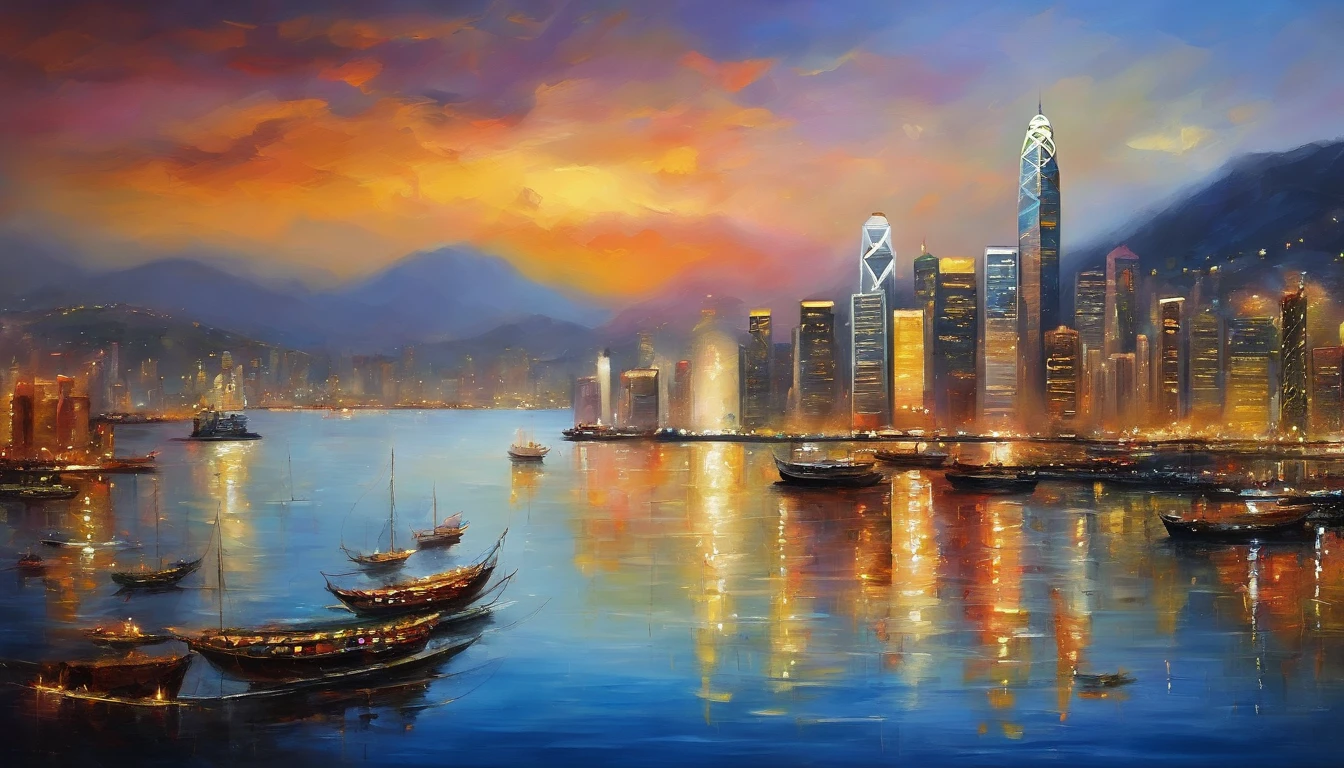 Oil Painting: a scene of Victoria Harbour in Hong Kong at night,sparkling reflections dancing on the water,glittering skyscrapers along both sides of the harbor,magnificent firework display,twinkling lights dotting the city skyline,cruise ship,(best quality,4k,8k,highres,masterpiece:1.2),ultra-detailed,realistic:1.37) , hyper realistic oil painting. masterpiece art work.soft shadows and highlights,impressive depth of field and sharp focus,HDR,UHD,studio lighting,physically-based rendering,vivid colors,lively atmosphere,bokeh