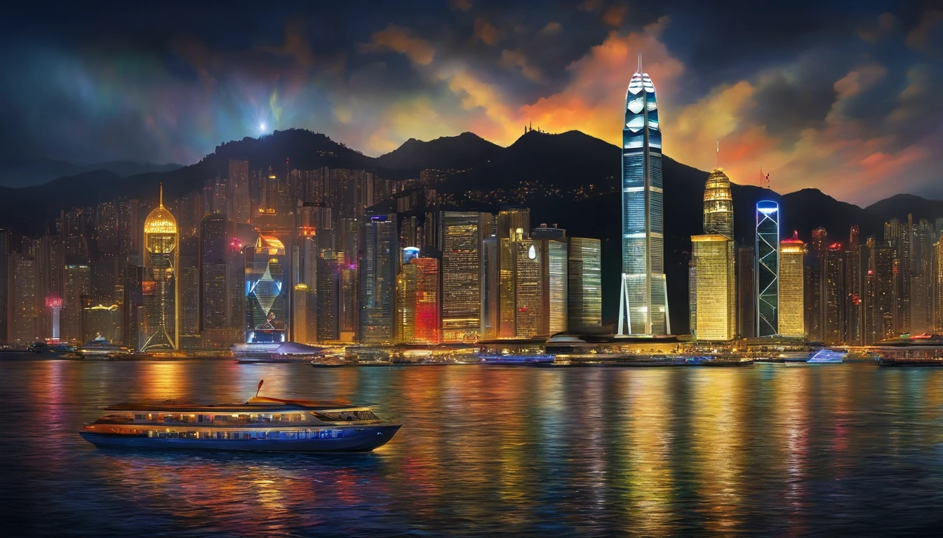 Oil Painting: a scene of Victoria Harbour in Hong Kong at night,sparkling reflections dancing on the water,glittering skyscrapers along both sides of the harbor,magnificent firework display,twinkling lights dotting the city skyline,cruise ship,(best quality,4k,8k,highres,masterpiece:1.2),ultra-detailed,realistic:1.37) , hyper realistic oil painting. masterpiece art work.soft shadows and highlights,impressive depth of field and sharp focus,HDR,UHD,studio lighting,physically-based rendering,vivid colors,lively atmosphere,bokeh