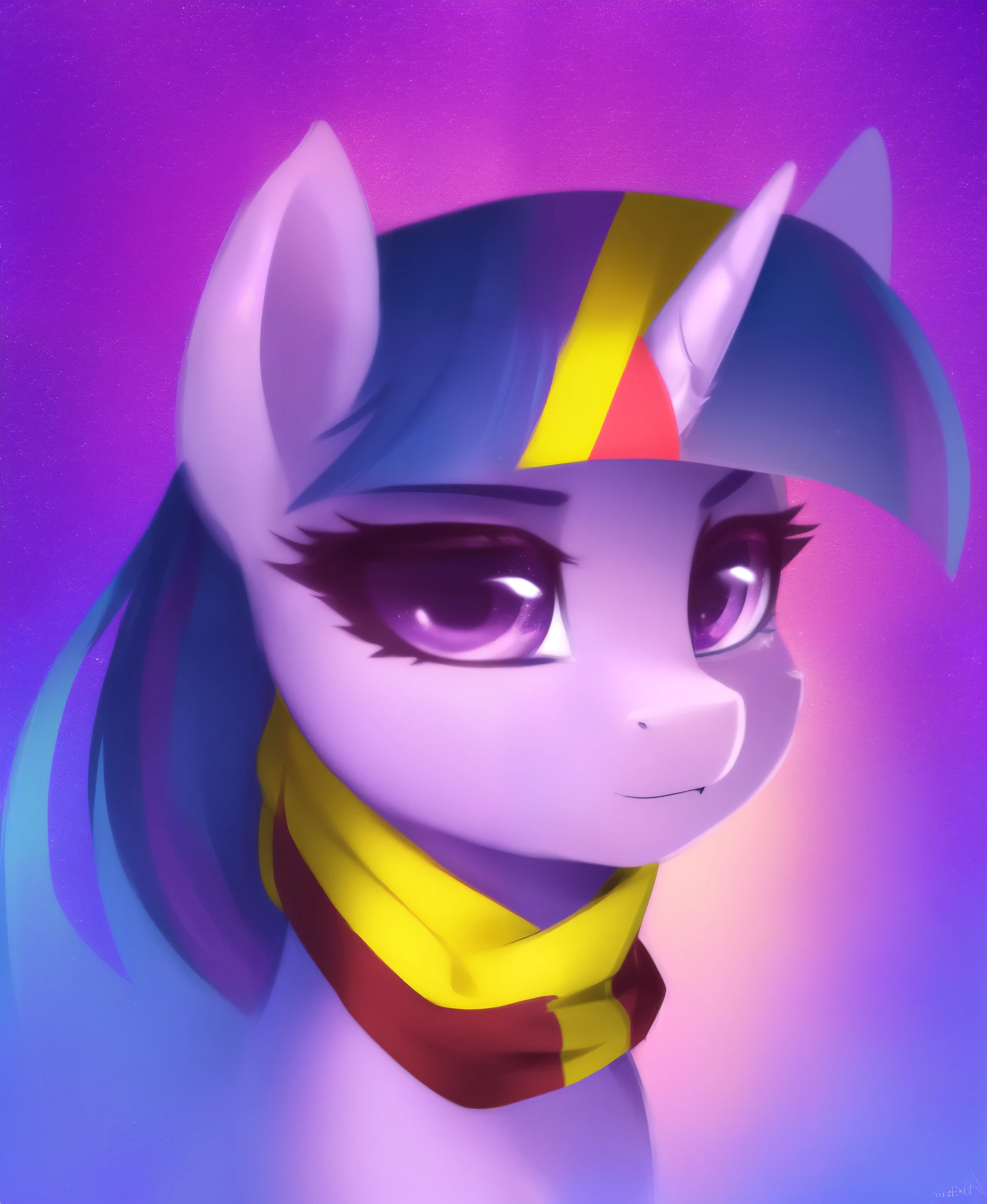 (e621_p_95), ((derpibooru_p_95)), safe, digital painting, 4k, pony, twilight sparkle, solo, headshot, upper half of the body, scarf, correct anatomy, detailed cute pony face