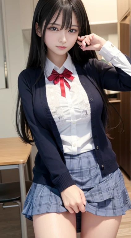 (masterpiece, best quality,nsfw),
1girl, panty pull up, from below, close-up pussy, pussy line, holding panties,
BREAK girl, 20 yo, black hair, medium long hair, (straight hair:1.1), (braid:0.8), grey eyes, ultra detailed eyes, (huge breasts:1.1), hanging breasts, (tareme:1.3), (torogao:1.3), sleepy, embarrassed, scared, tears, open mouth, rape face
BREAK school uniform, (white collared shirt:1), long sleeves, red neck ribbon, (open cardigan:1), beige cardigan,
BREAK (blue checked skirt:1.1), white lace, panties, bottomless, BREAK, classroom