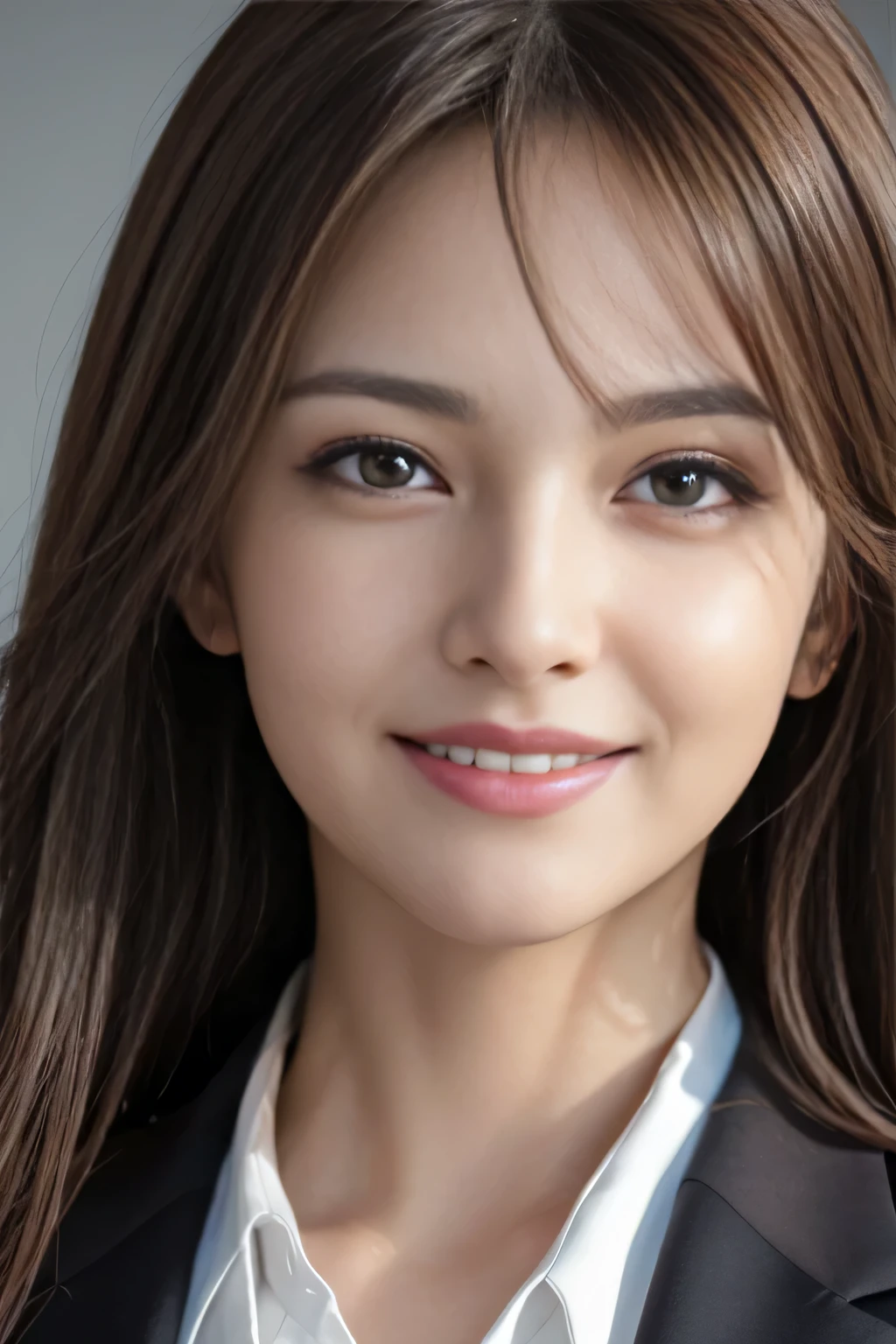 masutepiece, Best Quality, Photorealistic, Ultra-detailed, finely detail, High resolution, 8K Wallpaper, 1 beautiful woman,, light brown messy hair, in a business suit, foco nítido, Perfect dynamic composition, Beautiful detailed eyes, detailed hairs, Detailed realistic skin texture, Smiling, Close-up portrait, Model body type