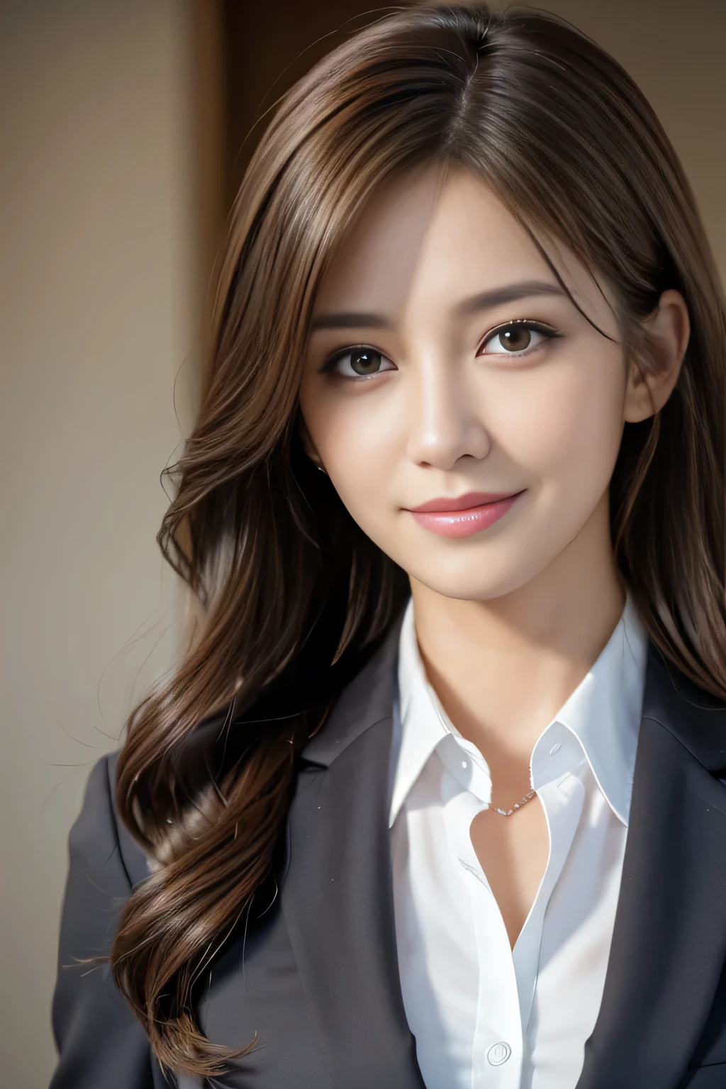 masutepiece, Best Quality, Photorealistic, Ultra-detailed, finely detail, High resolution, 8K Wallpaper, 1 beautiful woman,, light brown messy hair, in a business suit, foco nítido, Perfect dynamic composition, Beautiful detailed eyes, detailed hairs, Detailed realistic skin texture, Smiling, Close-up portrait, Model body type