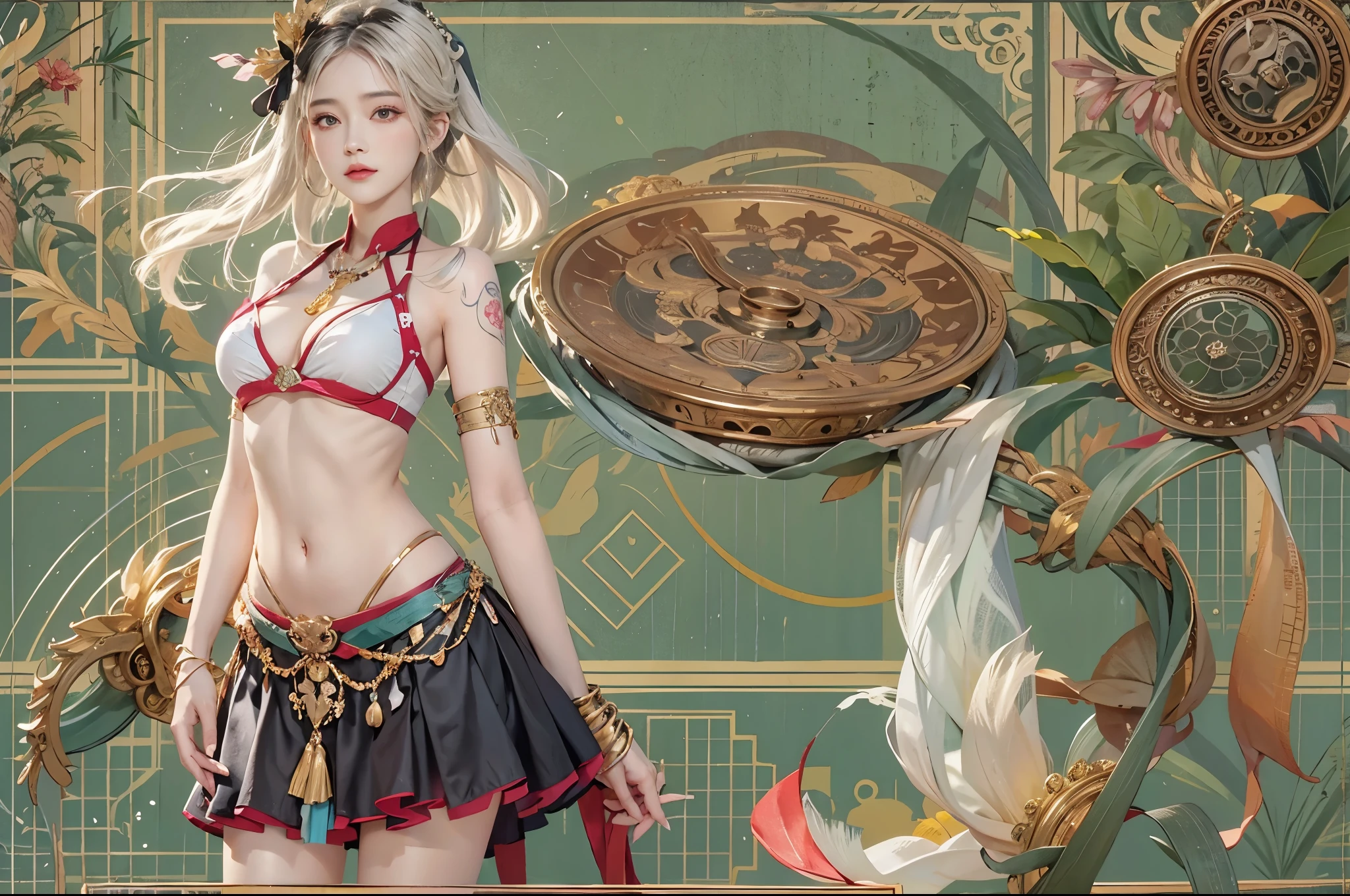 realisticlying, A high resolution, 1 GIRL, gigantic Chopping breasts,Chopping,titmouse,Alone, hip-up, view the viewer, (详细的脸), dunhuang_a skirt, jewely, Tattooed with