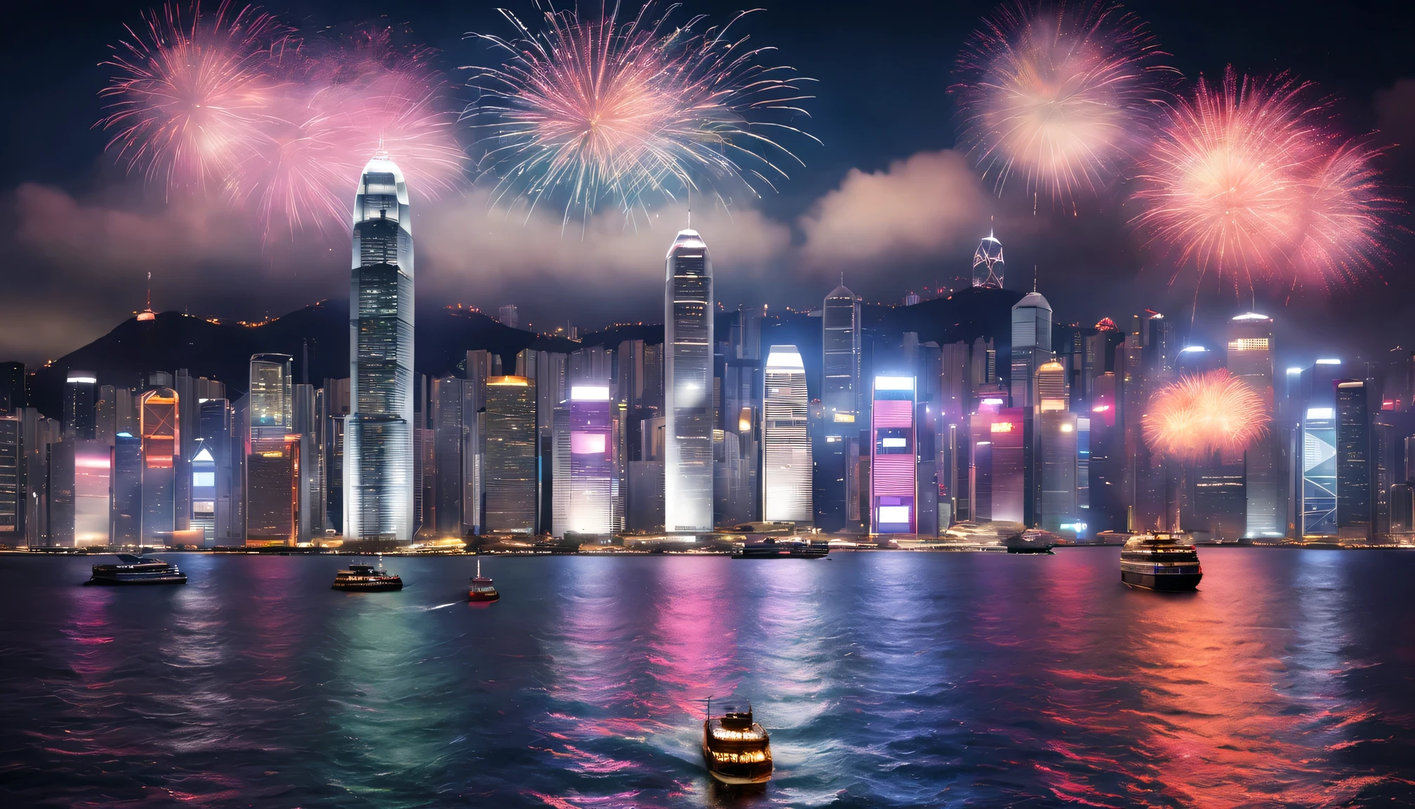 Night view of Victoria Harbor in Hong Kong,Sparkling reflections dance on the water,Gleaming skyscrapers lining the harbor,Spectacular fireworks display,Twinkling lights adorn the city skyline,Cruise shipest quality at best,4K,8K,A high resolution,tmasterpiece:1.2),ultra - detailed,actual:1.37) Soft shadows and highlights,Impressive depth of field and sharp focus,HighDynamicRange,hyper HD,Studio lighting,physically-based renderingt,vivd colour,Lively atmosphere,bokeh