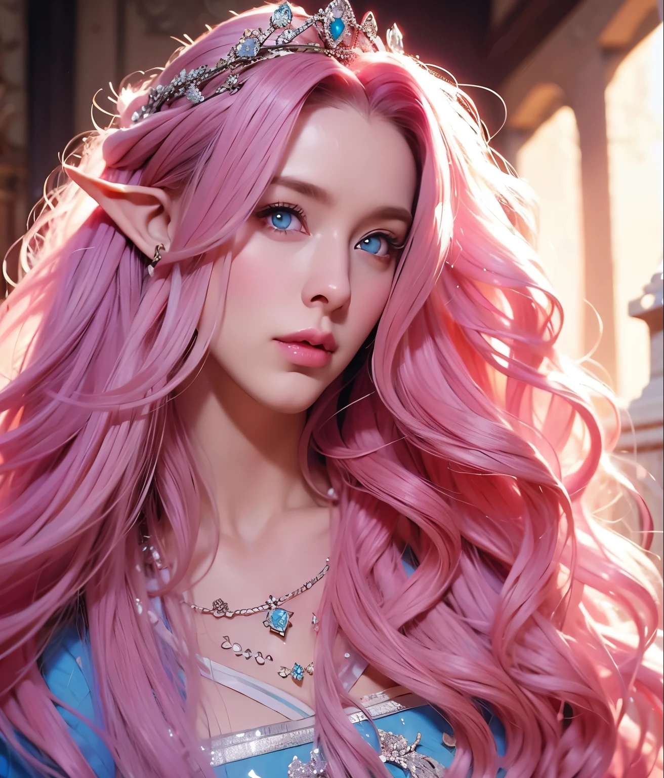 Woman, long curly hair, pink hair, blue eyes, elf, crown, queen, empress,