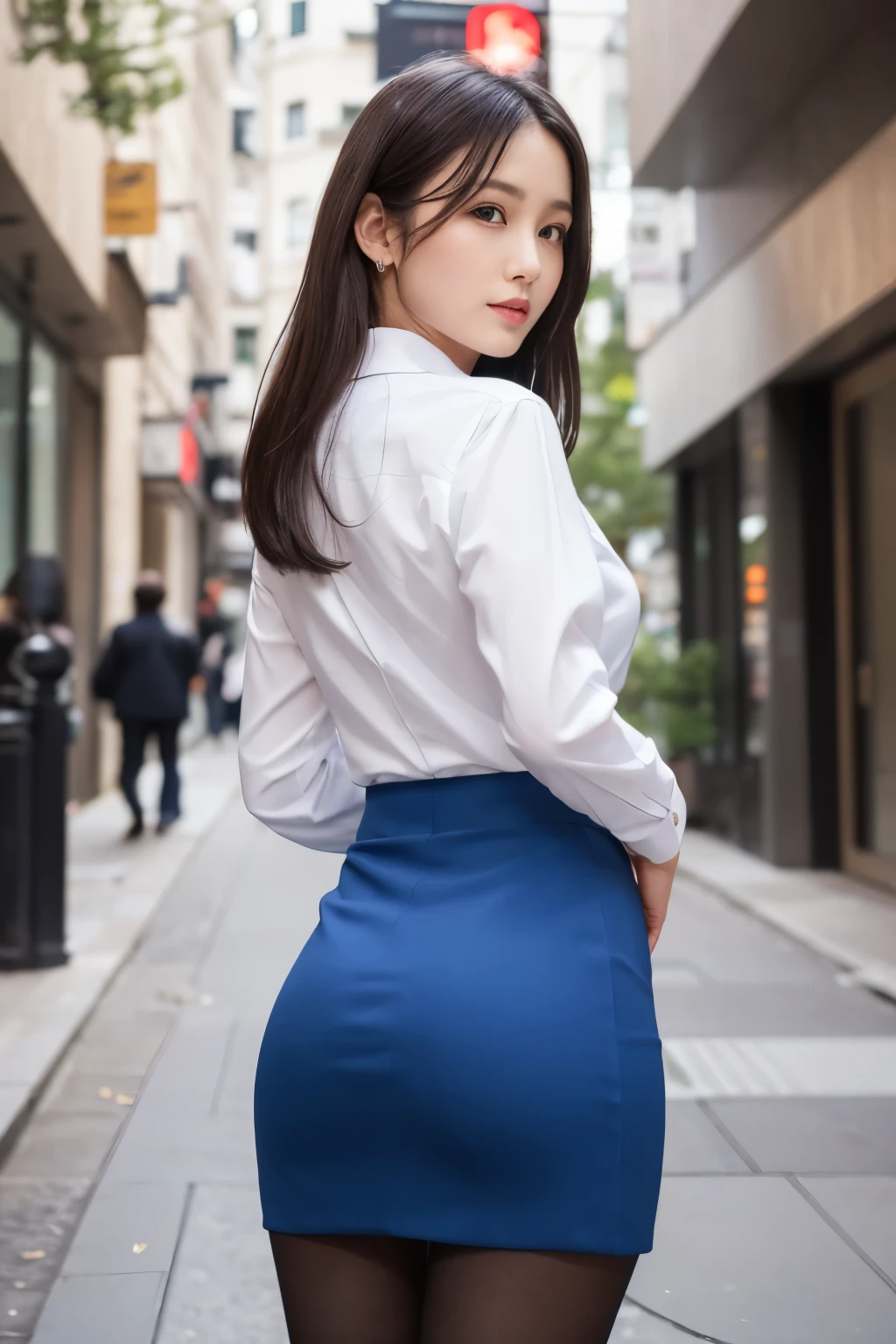 Best Quality、Top image quality、Ultra HD Images、((1人の女性、View photographer))、((Well-formed face、Actress face、Model face))、 Back Pose、 back-view, Waist - Waist up shot、Portrait from below and from behind、((Blue suit、Blue tight skirt、Black pantyhose))、((Perfect limbs))