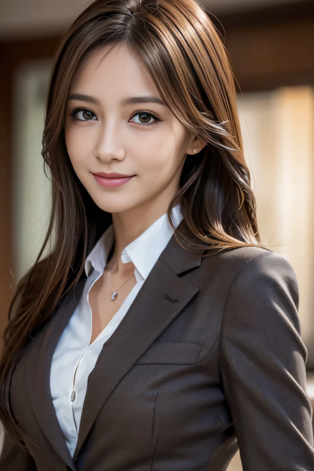 masutepiece, Best Quality, Photorealistic, Ultra-detailed, finely detail, High resolution, 8K Wallpaper, 1 beautiful woman,, light brown messy hair, in a business suit, foco nítido, Perfect dynamic composition, Beautiful detailed eyes, detailed hairs, Detailed realistic skin texture, Smiling, Close-up portrait, Model body type