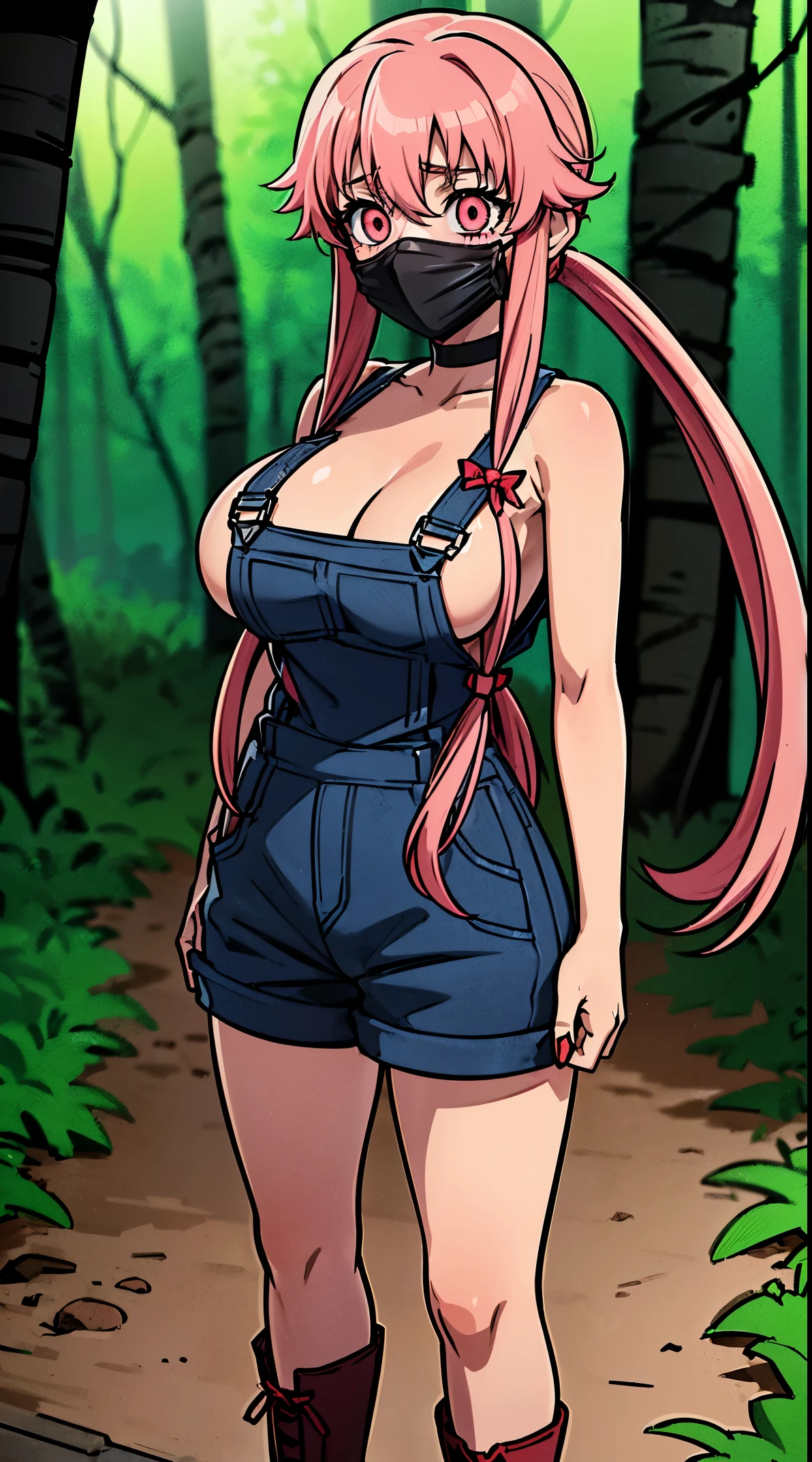 anime_still, masterpiece, best quality, 1girl, Gasai Yuno, long hair, pink hair, low twintails, smile, naked, red eyes, (large breasts:1.5),1girl, black choker, dark grey, (overalls:1.25), leather gloves, black boots, ((nigth:1.5)), (chasing you through the woods BY yuno gasai), moonlight, blood on floor, horror scane, (horror movie post:1.5) (evil eyes:1.6), (horror_movies:1.5), (woods:1.6),(dark:1.7), (out_boorlood on hands:1.5), (blood stain:1.25), (black face mask:1.25)