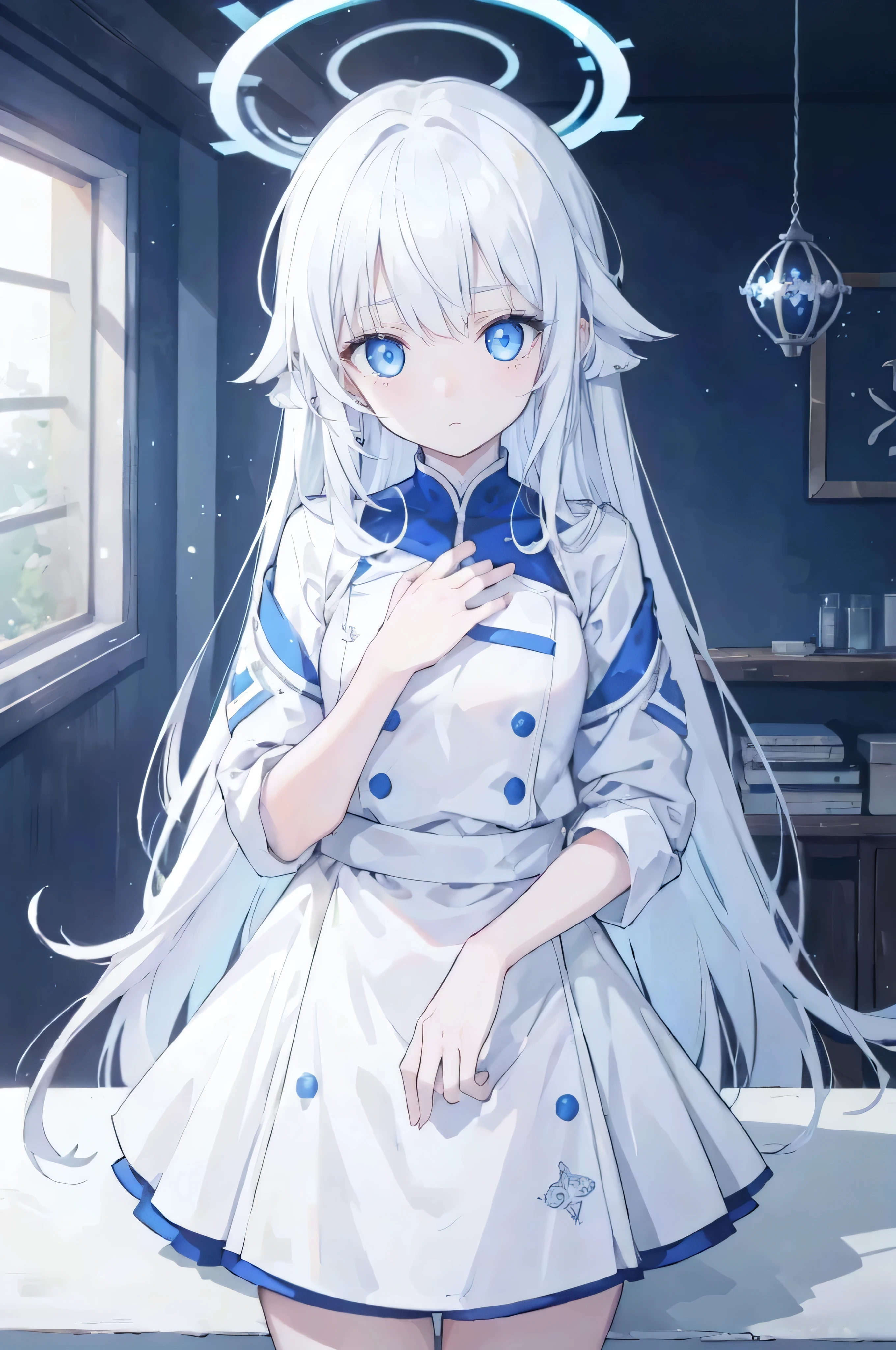 Fair skin,The expression is cold and scary,sideways standing,white long straight hair,Hair has turned white,White hair,blue colored eyes,to emphasize,The eyes glow blue light,Women's hands,greenhorn