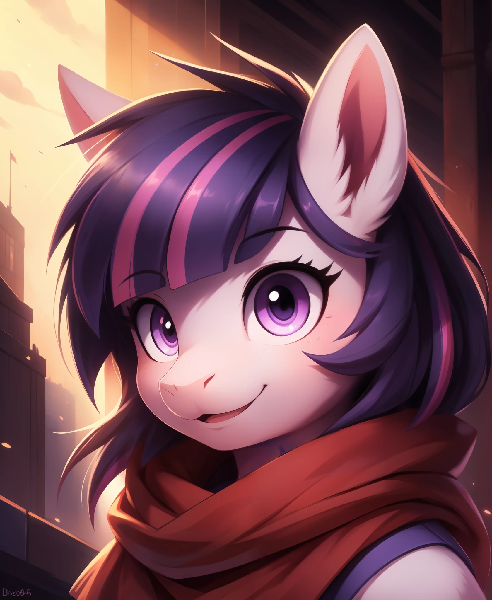 (e621_p_95), ((derpibooru_p_95)), safe, digital painting, 4k, pony, twilight sparkle, solo, headshot, upper half of the body, scarf, correct anatomy, detailed cute pony face