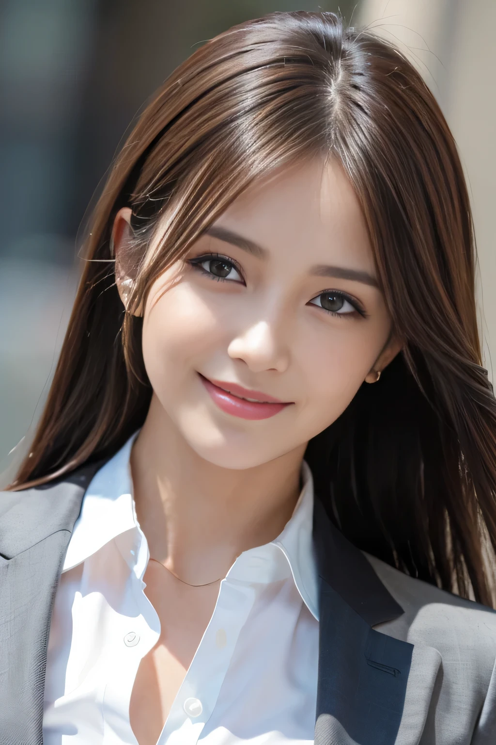 masutepiece, Best Quality, Photorealistic, Ultra-detailed, finely detail, High resolution, 8K Wallpaper, 1 beautiful woman,, light brown messy hair, in a business suit, foco nítido, Perfect dynamic composition, Beautiful detailed eyes, detailed hairs, Detailed realistic skin texture, Smiling, Close-up portrait, Model body type