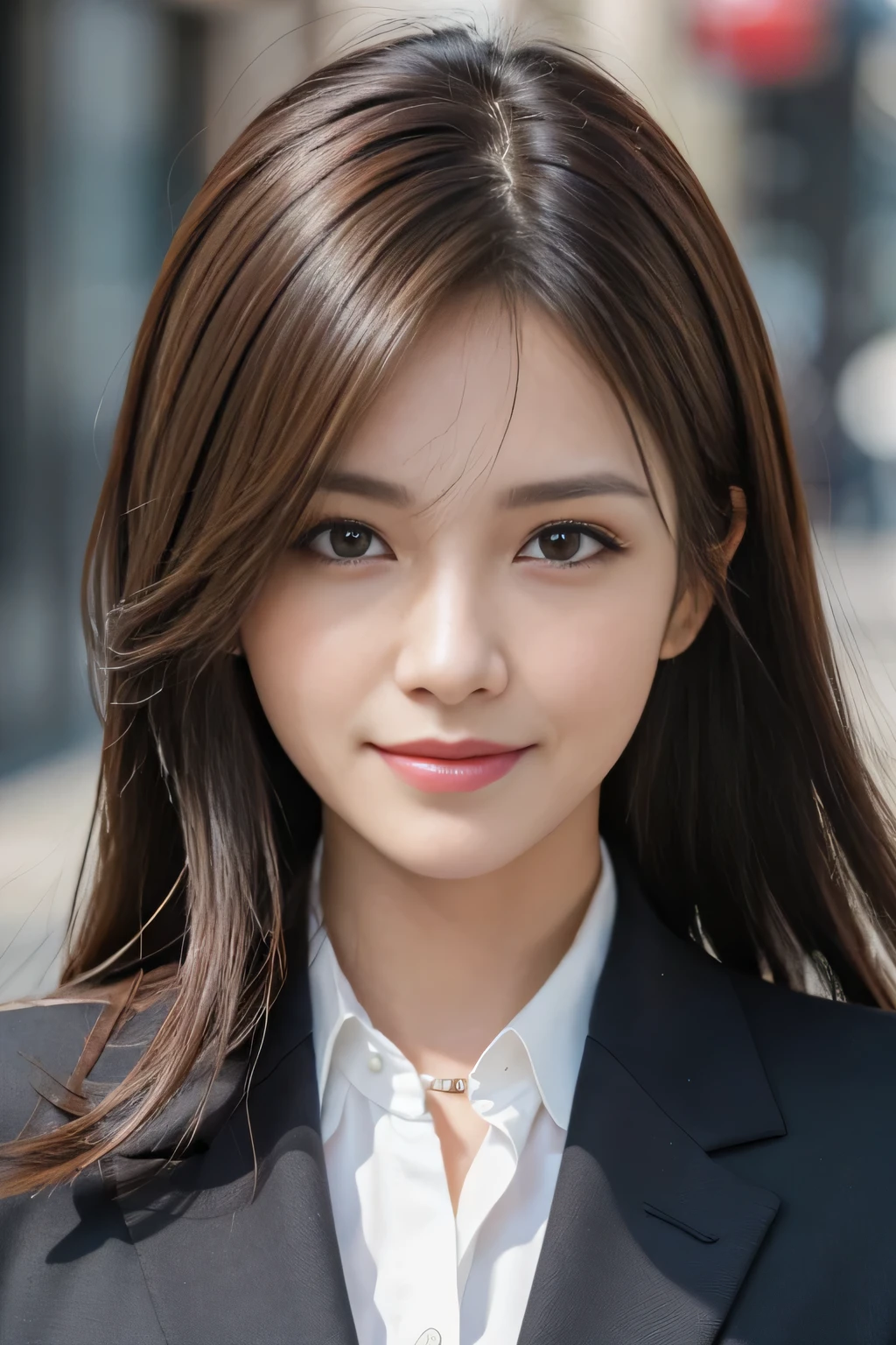 masutepiece, Best Quality, Photorealistic, Ultra-detailed, finely detail, High resolution, 8K Wallpaper, 1 beautiful woman,, light brown messy hair, in a business suit, foco nítido, Perfect dynamic composition, Beautiful detailed eyes, detailed hairs, Detailed realistic skin texture, Smiling, Close-up portrait, Model body type