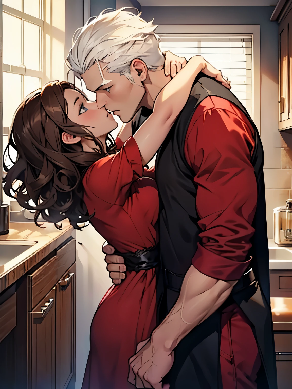 Make a couple.
1-A man with white hair and blue eyes, black clothes.
1-A woman with curly brown hair and brown eyes. Red dress.
Kissing, indoors.